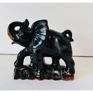 MCM Elephant Statue‎ Glazed Redware  Vintage Elephant Shiny Black Glaze 6in